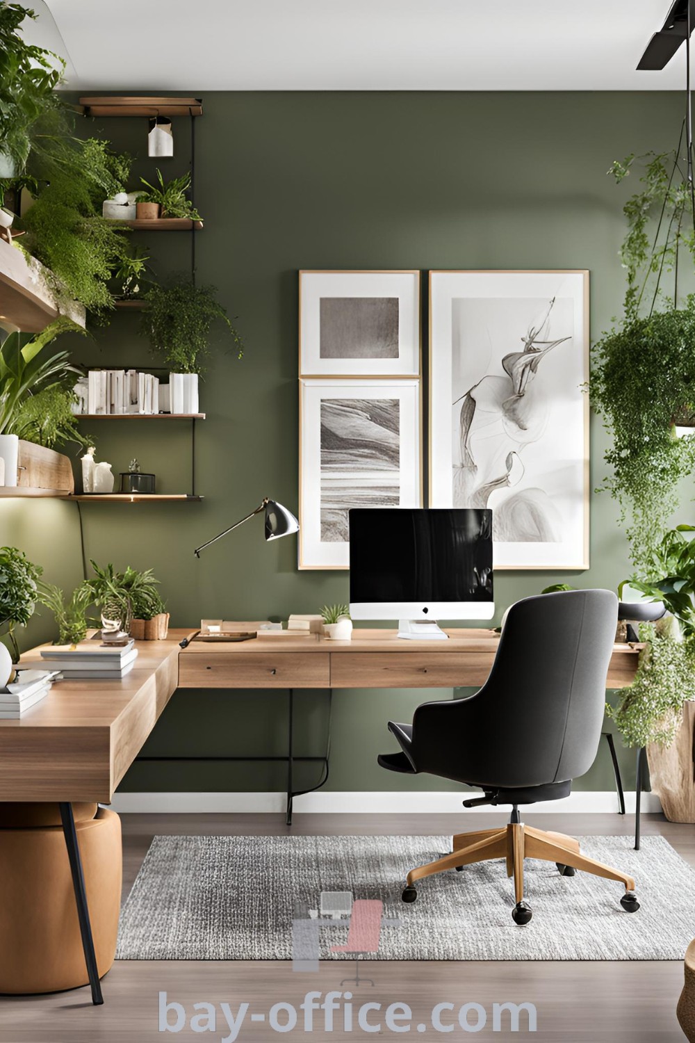 Inspiring home office with green walls, plants on shelves, and a computer desk for a cozy work-from-home setup. Perfect for small spaces with ideas to enhance productivity and create a dream workspace. Discover more at bay-office.com.