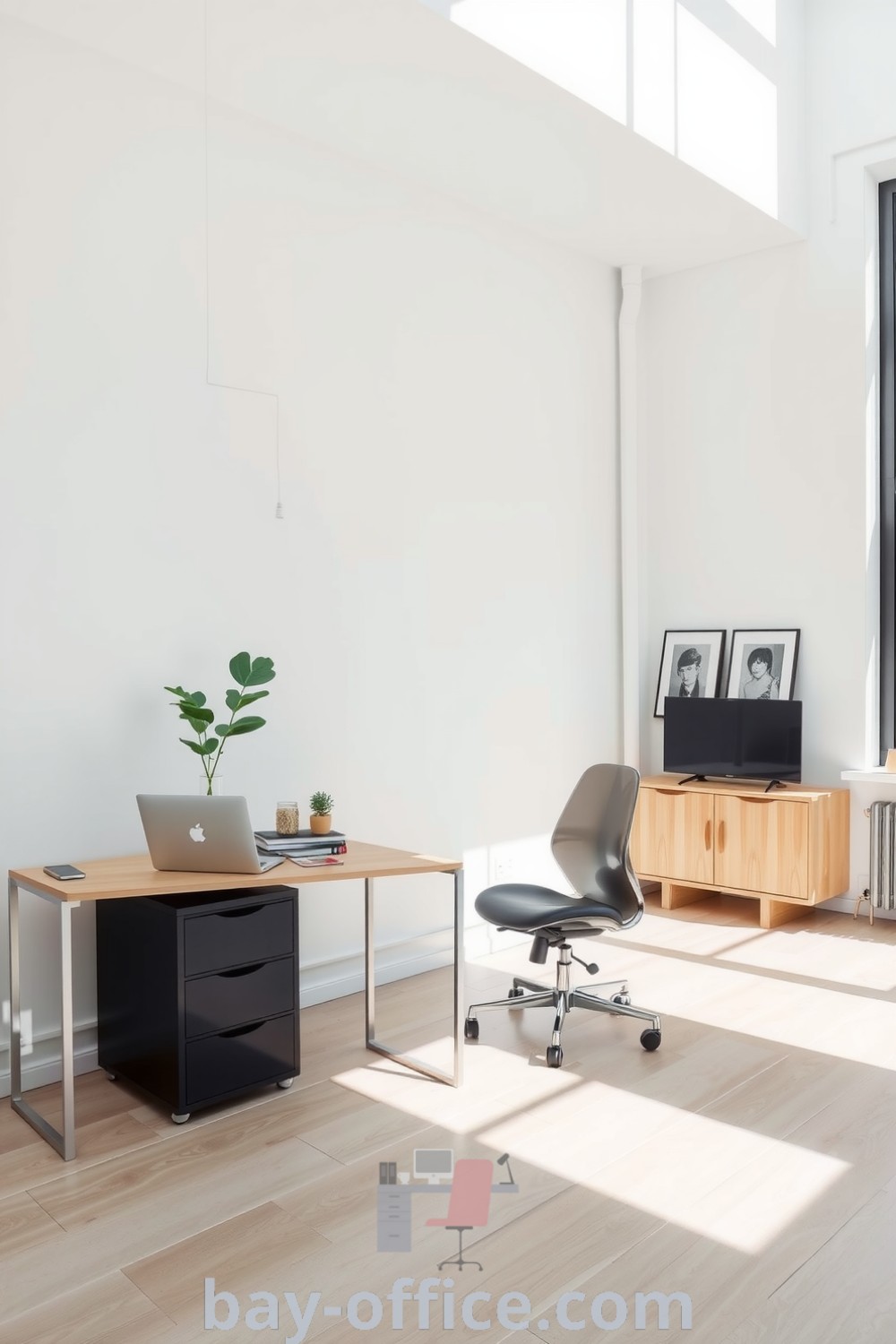 Minimalist corporate office featuring white walls, light wood flooring, a metal desk with a laptop and plant, large windows for natural light, showcasing design tips for inspiring productivity in cozy spaces. Discover more ideas at bay-office.com.