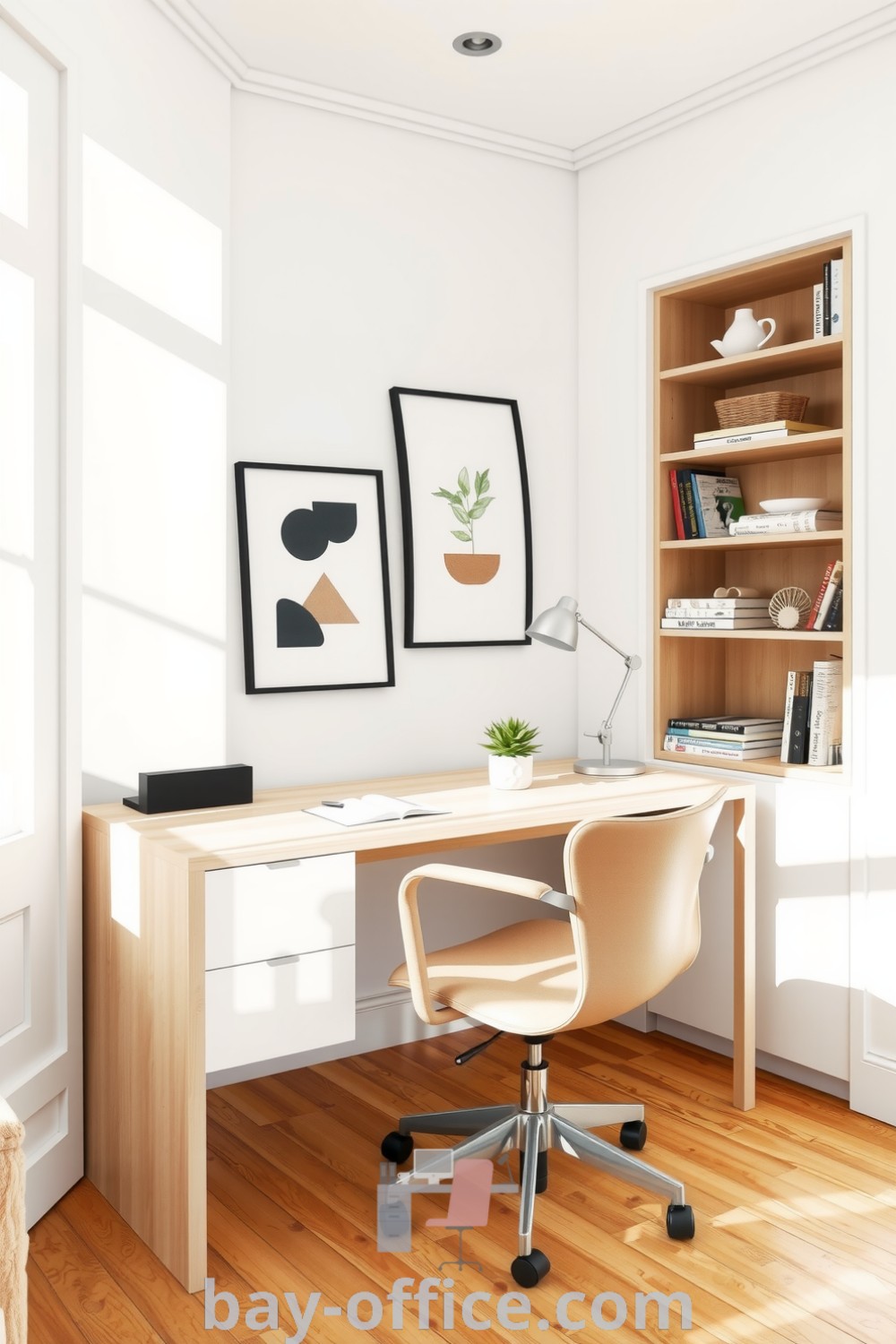 Minimalist home office with white walls, light wooden desk, ergonomic chair, and a potted plant, designed to inspire productivity and create a serene workspace. Explore more design trends and cozy decor ideas at bay-office.com.