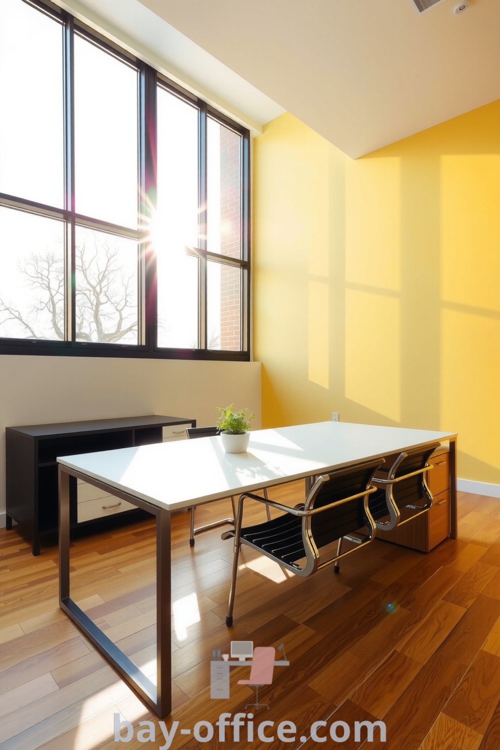 Minimalist corporate office with sunlight filtering through large windows, pale yellow walls, sleek metal furniture, natural wood accents, and plants, promoting a cozy and productive working environment. Explore more inspiring ideas at bay-office.com.
