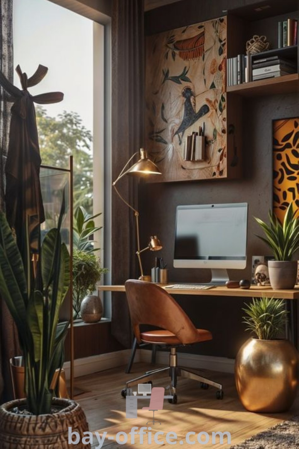 African inspired home office with Afro Boho style, plants, and artwork on the wall, showcasing functional decor ideas for small spaces. Discover inspiration for your home office at bay-office.com.