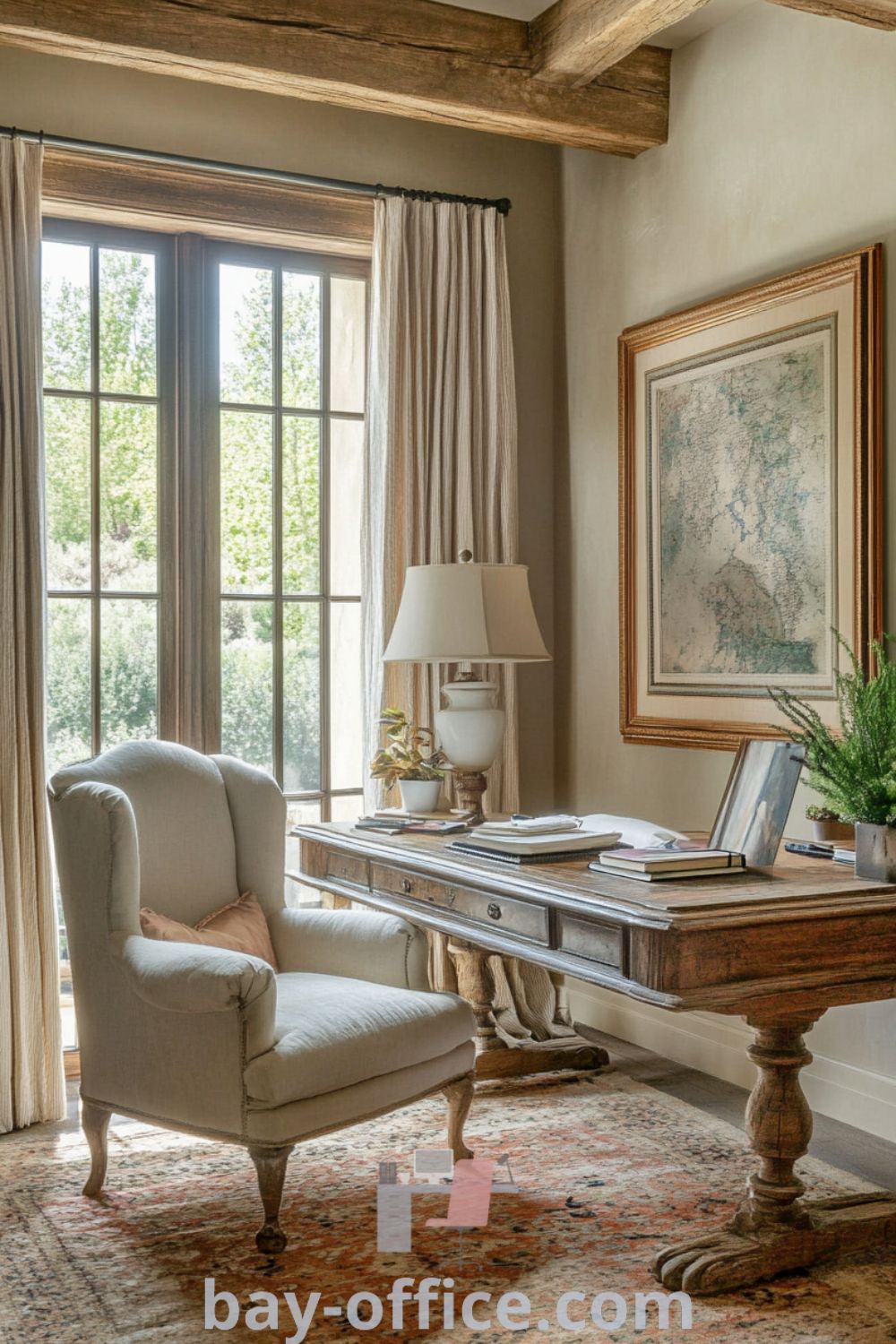 Elegant French country home office featuring rustic wood desk, vintage art, and exposed wooden beams under natural light. Perfect for cozy aesthetics and inspiring productivity. Discover more inspiring decor ideas for small spaces at bay-office.com.