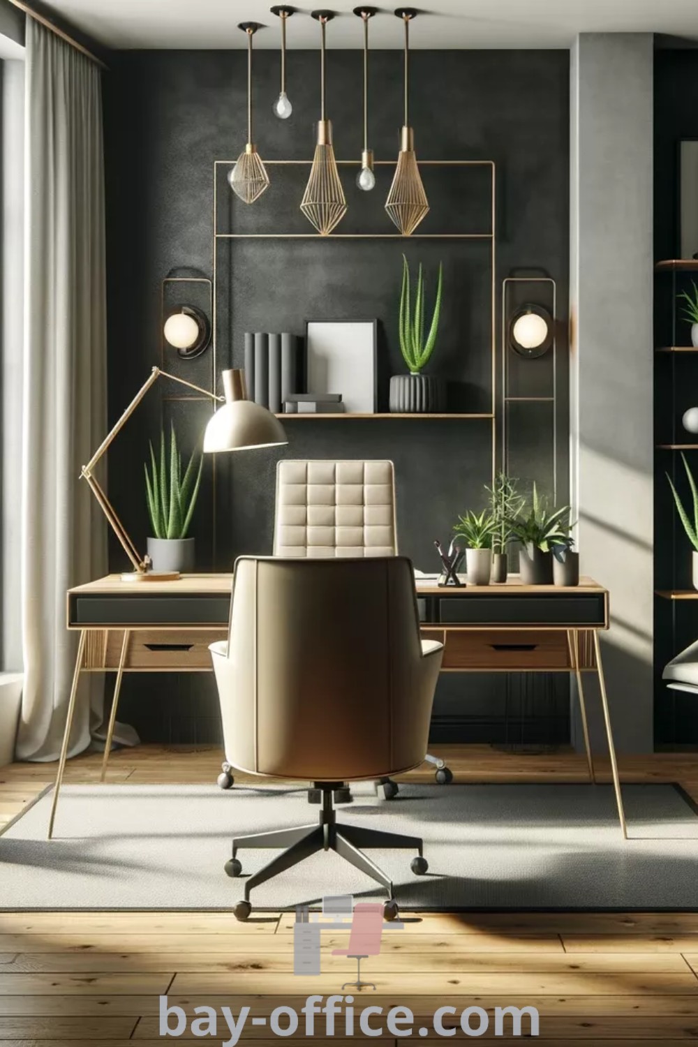 Office with potted plants and shelves, showcasing stylish home office ideas for productivity and comfort. Perfect for creating cozy aesthetics and inspiring decor in small spaces. Discover more inspiring design trends at bay-office.com.