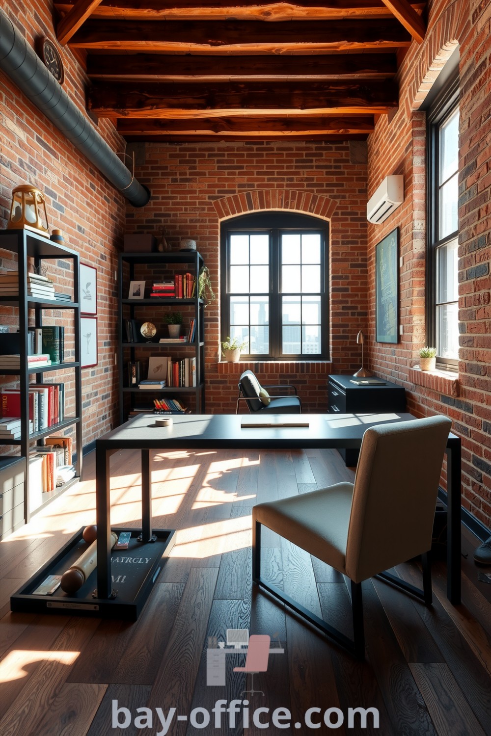 Cozy industrial home office featuring exposed brick walls, wooden beams, a black metal desk, and a plush chair, designed for productivity and comfort. Ideal for anyone looking for cozy aesthetic and inspiring decor ideas for small spaces. Find more ideas at bay-office.com.