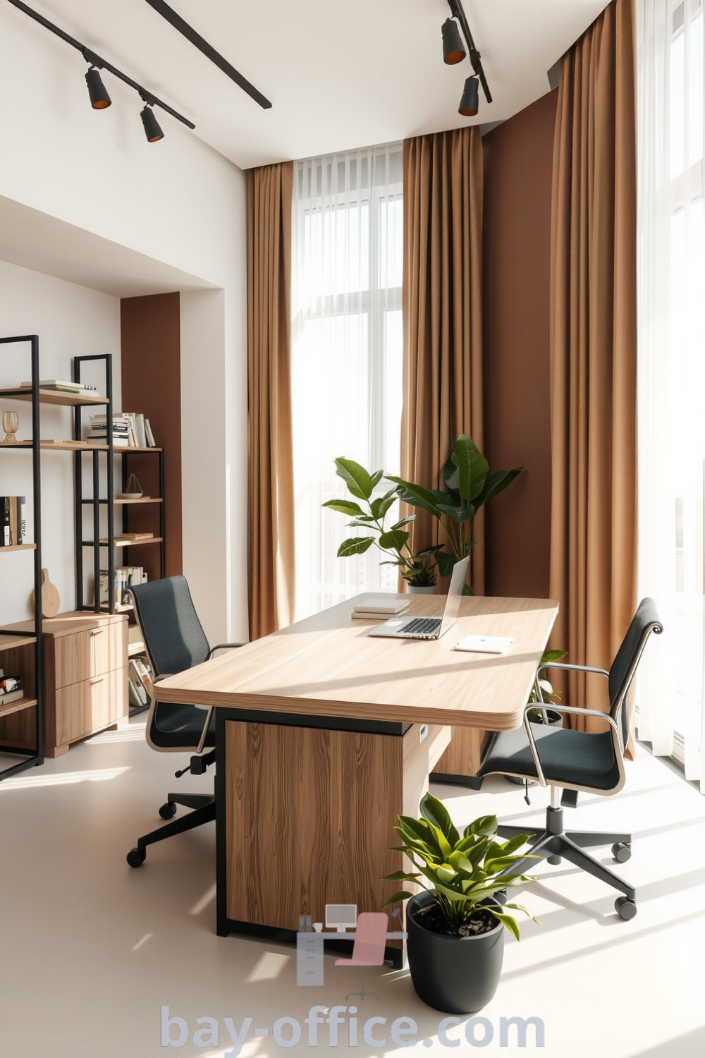 Minimalist corporate office featuring earthy brown elements, light wood accents, and metal shelving, designed to inspire productivity and comfort in a soothing environment. Find inspiration and decorating ideas at bay-office.com.