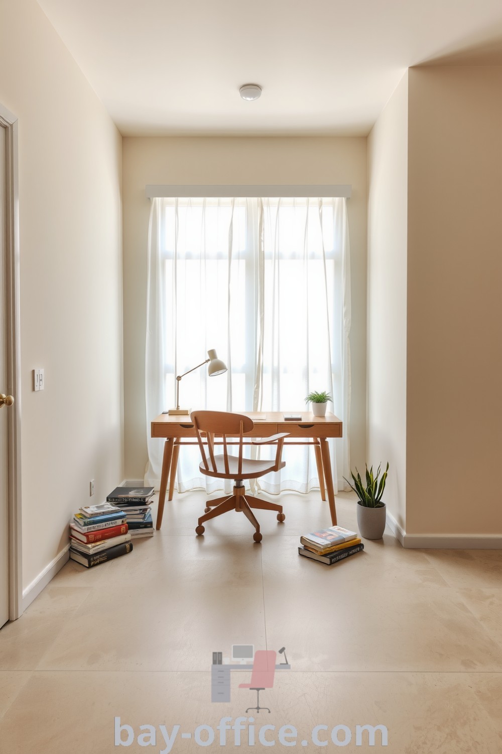 Minimalist home office featuring beige walls, a wooden desk, and comfortable chair, with natural light and plants, creating a cozy and inspiring workspace. Ideal for promoting productivity and comfort. Explore more ideas at bay-office.com.