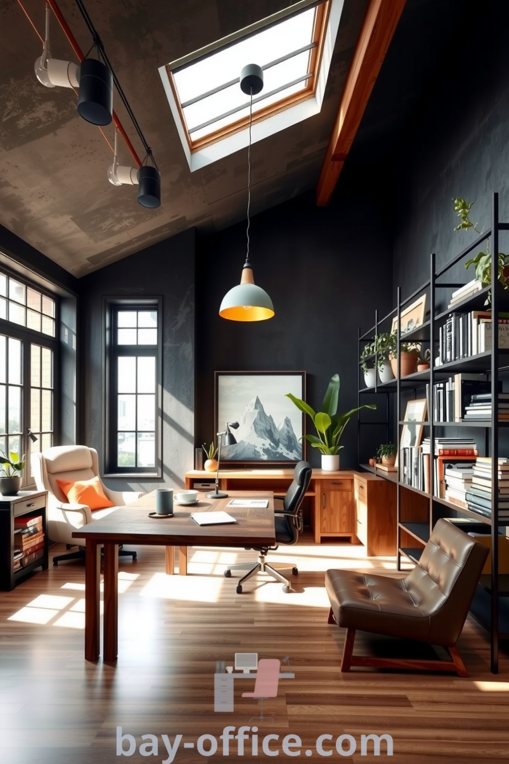 Industrial home office with concrete walls, reclaimed wood desk, cozy armchair, and metal shelves showcasing books and plants. A perfect blend of industrial charm and comfort that inspires productivity. Explore more design ideas at bay-office.com.