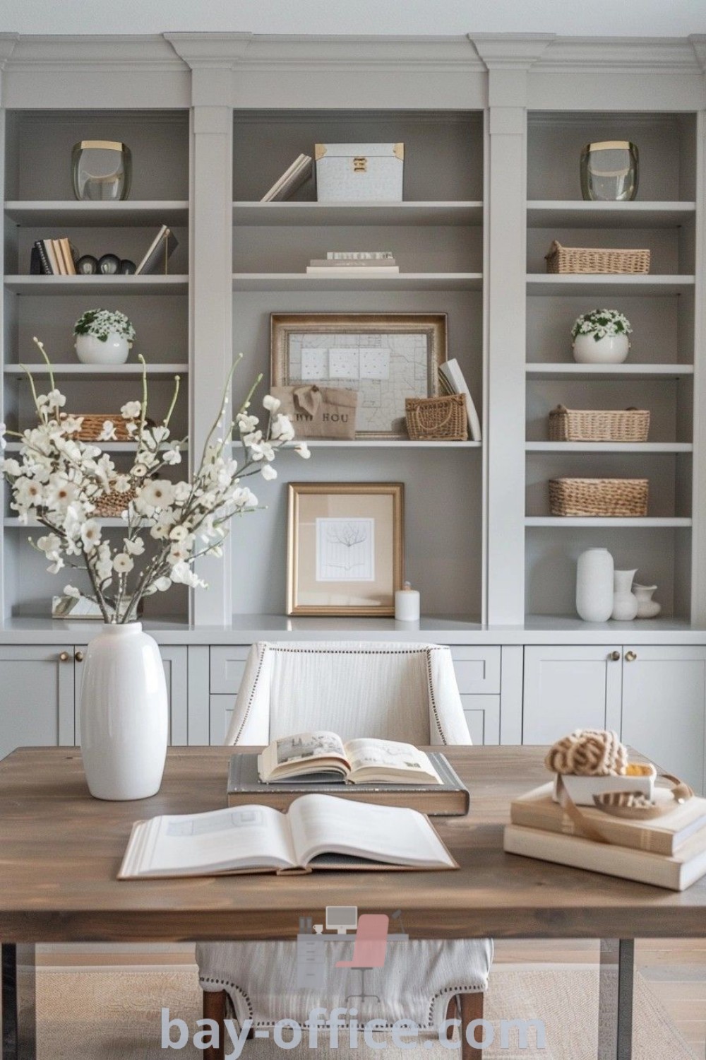An open book on a wooden table in a feminine study office with white flowers and bookshelves, showcasing sophisticated home office ideas and cozy aesthetic. Discover more inspiring decor ideas for small spaces at bay-office.com.