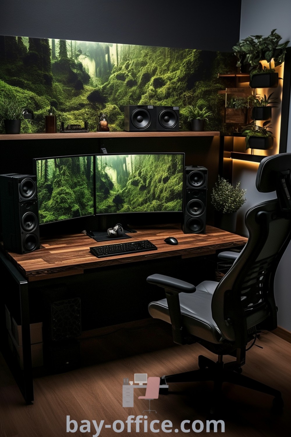 Minimalist office setup with a computer desk, two monitors, and speakers against a mossy forest wall. Discover design tips and ideas that inspire productivity at bay-office.com.