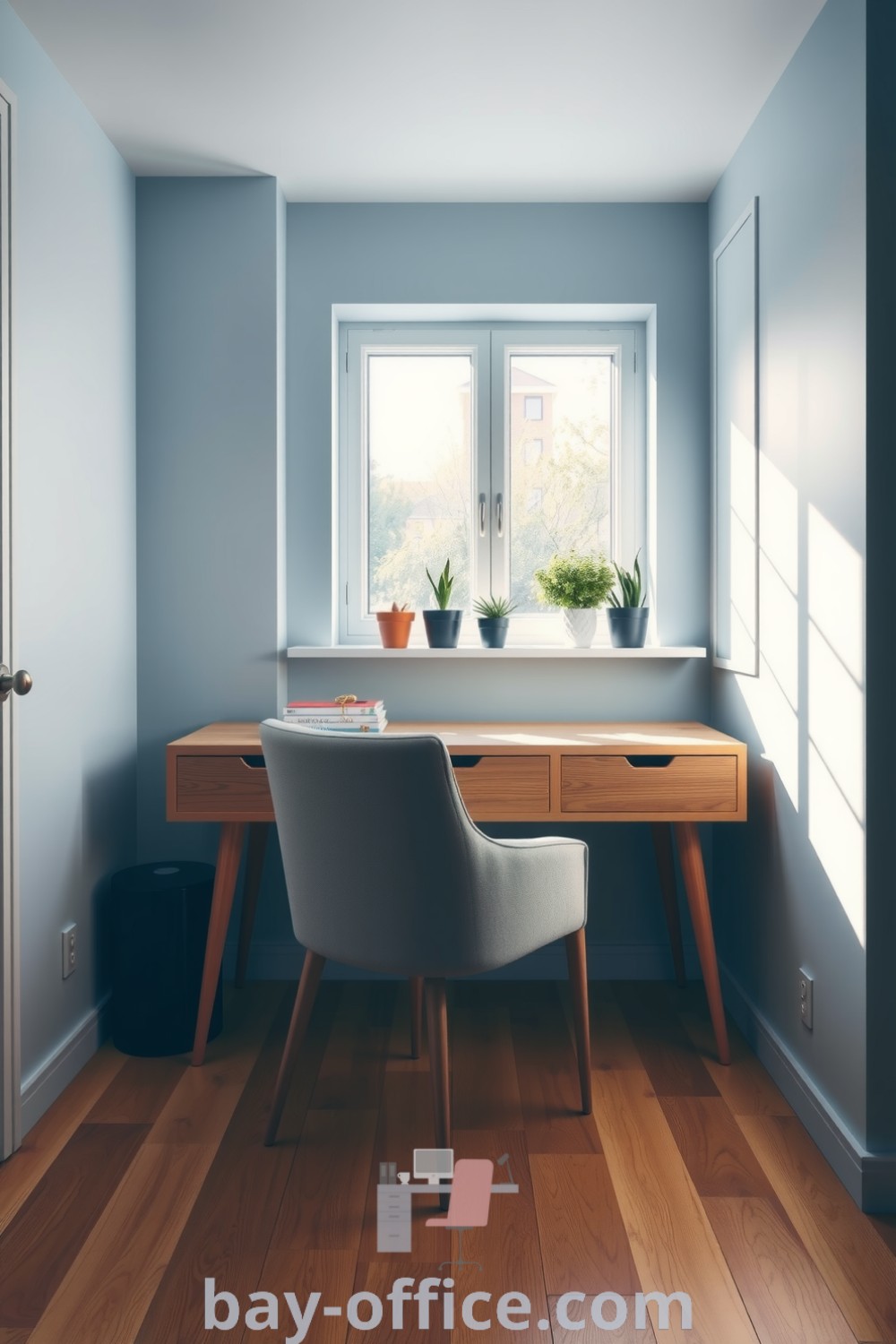 Calm and inviting minimalist home office featuring a wooden desk, soft fabric chair, ample natural light, and potted plants. Designed for productivity and comfort, inspiring creativity in small spaces. Discover more ideas at bay-office.com.