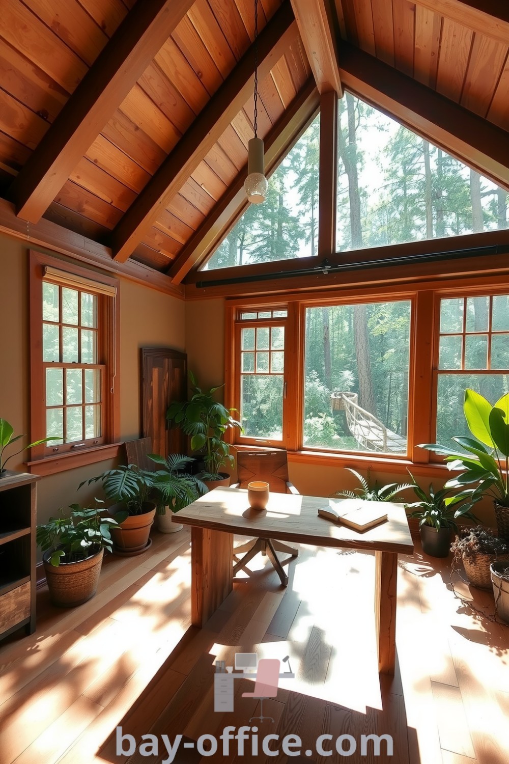 Cozy nature-inspired home office with wooden beams, reclaimed wood desk, large window filtering sunlight, and potted plants, offering a serene atmosphere ideal for productivity. Find more inspiring design ideas at bay-office.com.