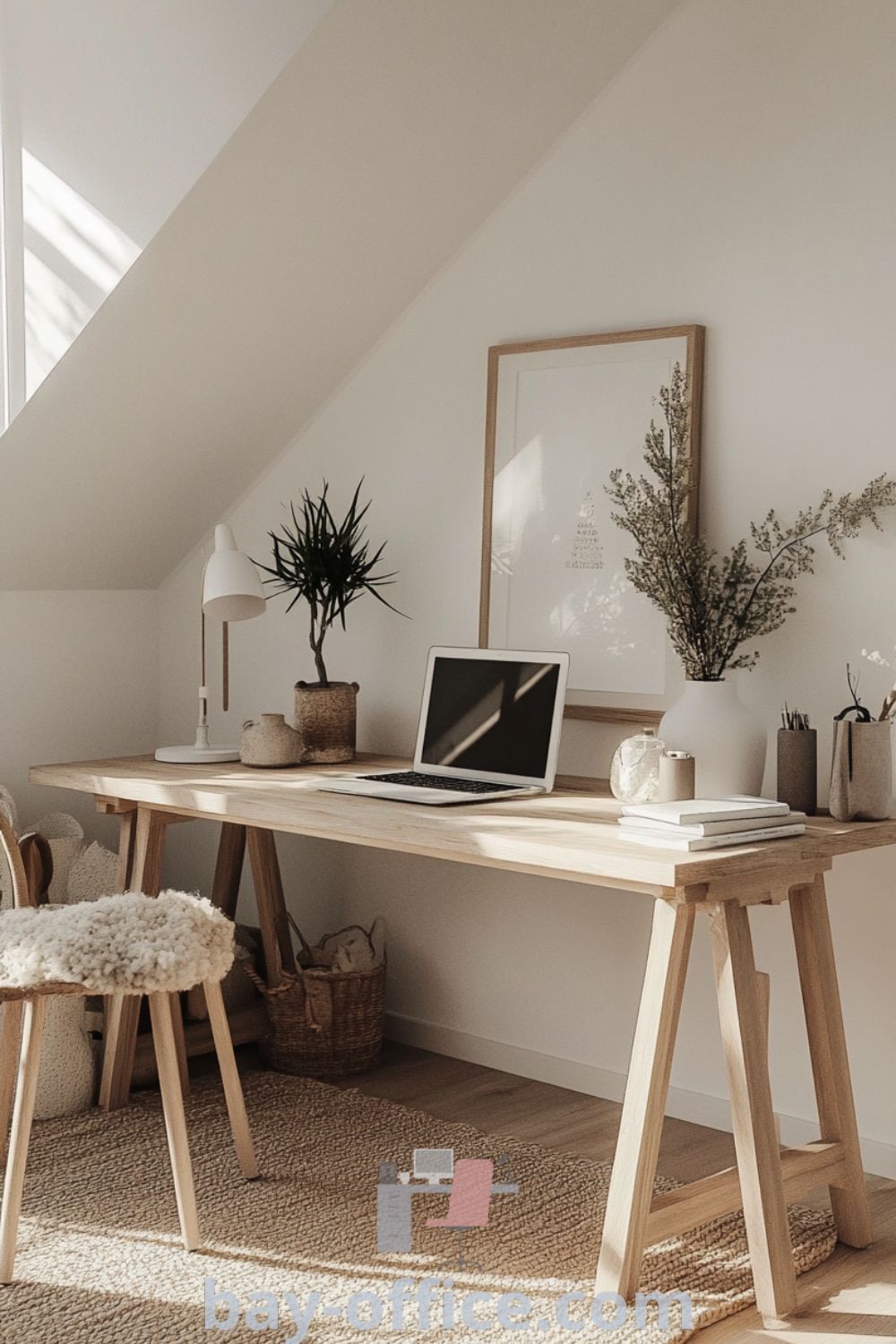 Scandinavian home office featuring soft white walls, a wooden desk, cozy lighting, and potted plants, designed for productivity and relaxation. Discover design tips and ideas for creating a cozy aesthetic workspace at bay-office.com.