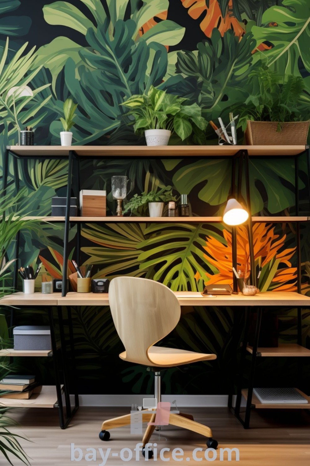 Tropical home office featuring greenery plants and whimsical decor elements for a creative workspace. Discover ideas that inspire productivity and enhance your work-from-home setup at bay-office.com.