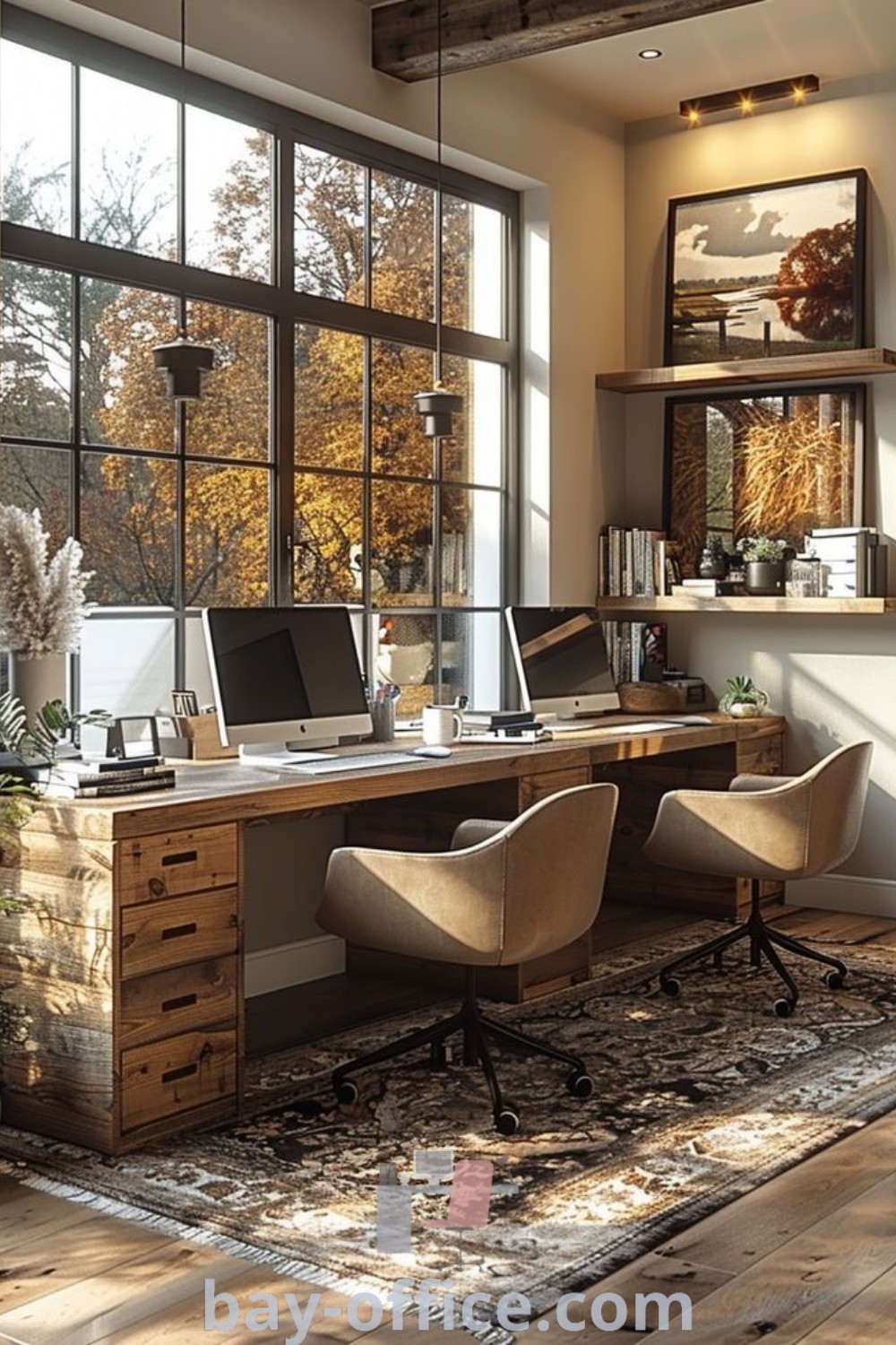 A stylish two-person office with two laptops in front of a large window overlooking trees, showcasing ideal home office ideas for two people and inspiring productivity. Discover cozy decor ideas for small spaces at bay-office.com.