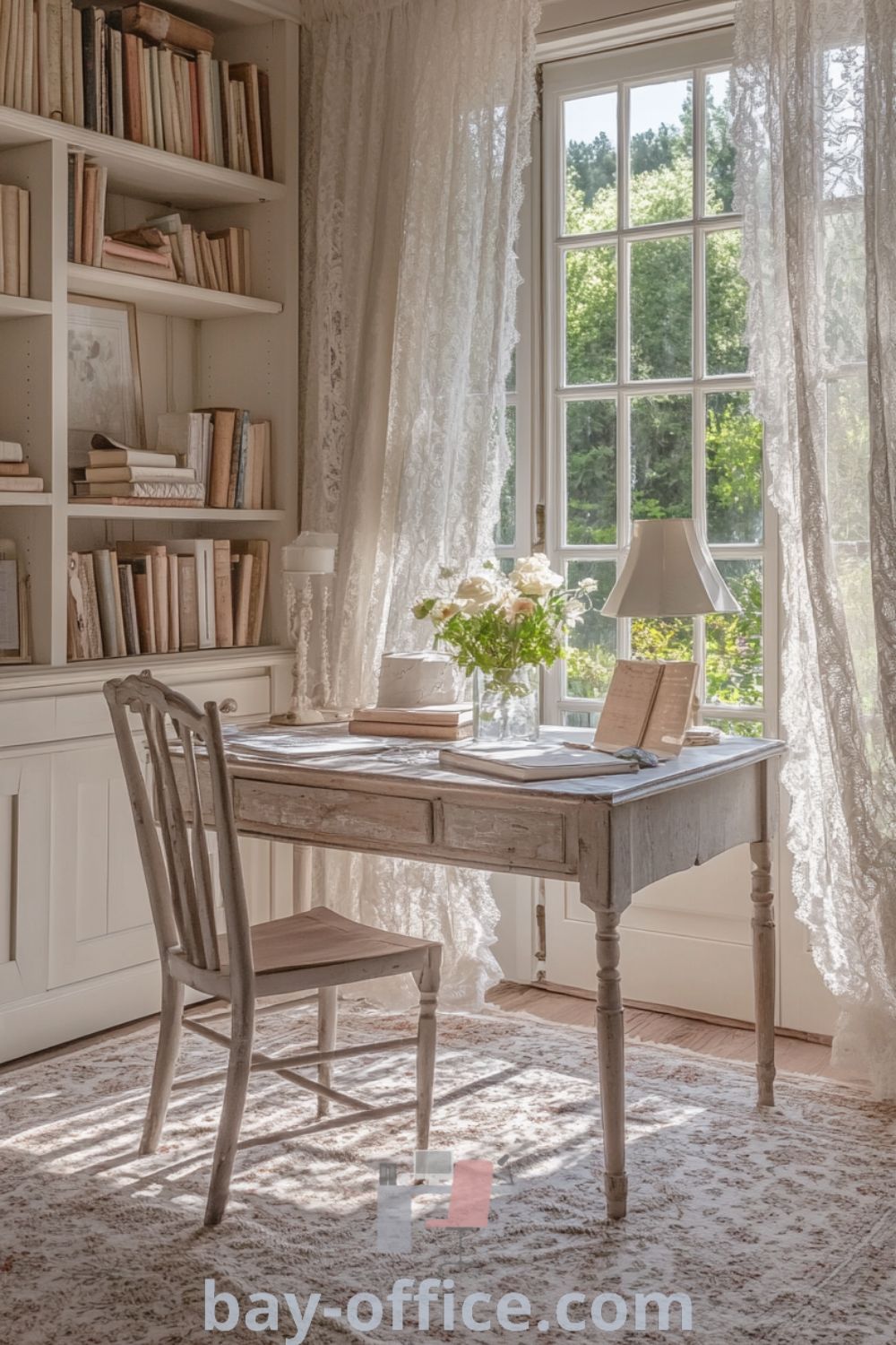 Elegant French home office featuring soft beige walls, a distressed mahogany desk, and lace-draped windows, creating a cozy aesthetic that inspires productivity. Discover more cozy decor ideas and design tips at bay-office.com.