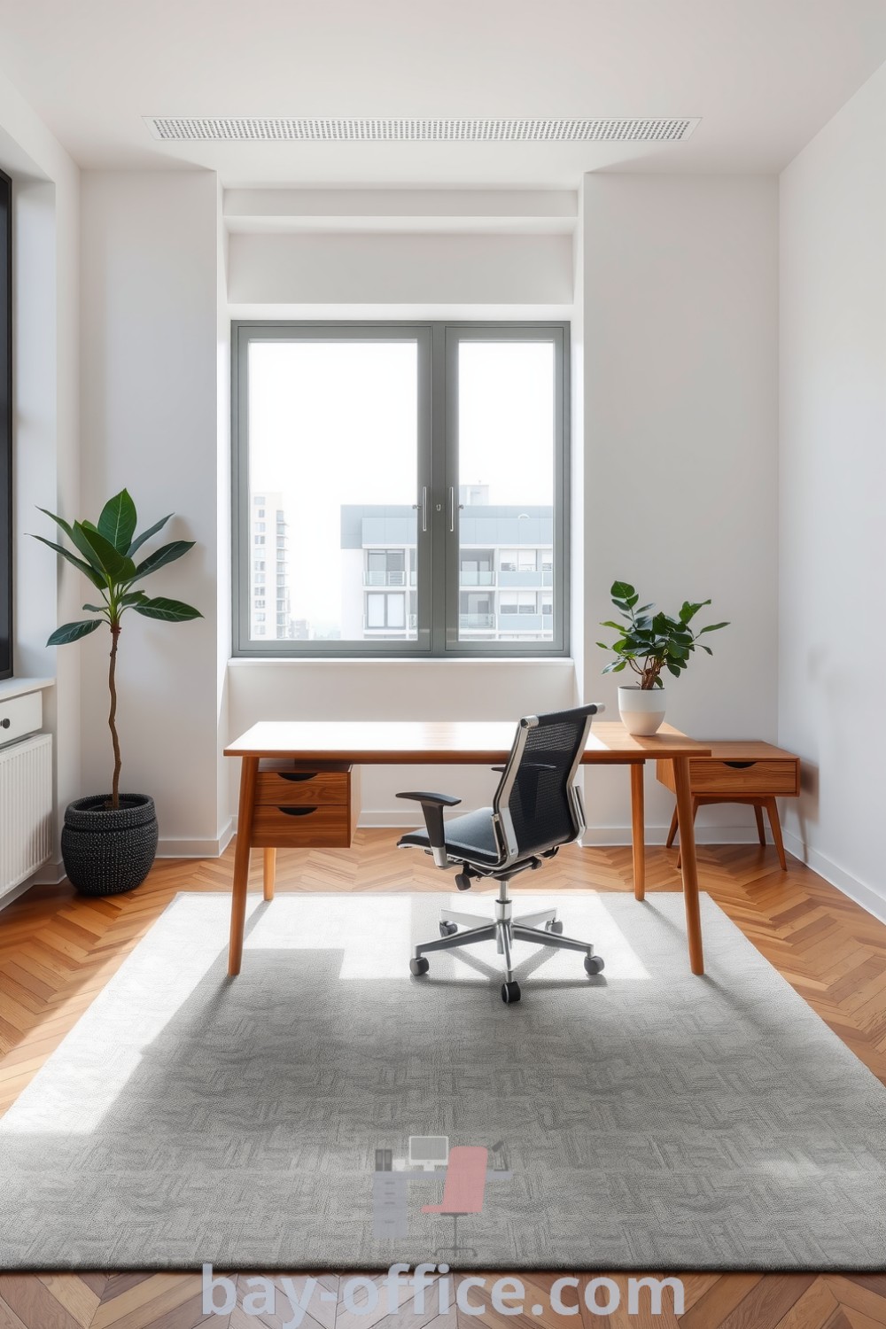 Minimalist corporate office featuring soft white walls, a wooden desk, ergonomic chair, and carefully selected plants, creating an inviting yet professional atmosphere. Perfect for fostering creativity and collaboration. Discover more design tips at bay-office.com.