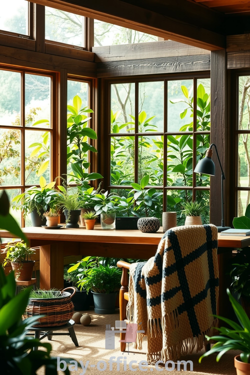 Nature home office with wooden beams, an oak desk surrounded by plants, and large windows, designed to create a tranquil and inspiring workspace. A cozy aesthetic that encourages productivity and creativity. Discover inspiring decor ideas at bay-office.com.