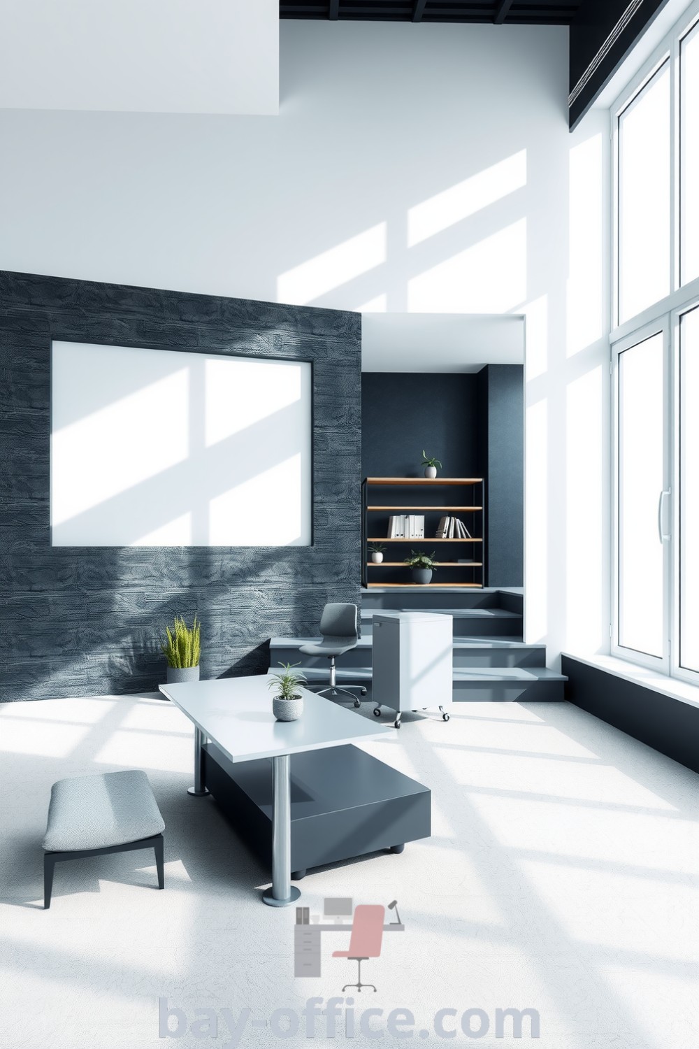 Minimalist corporate office featuring black stone accents, white walls, metal desk, and wooden shelving, alongside plants for a touch of greenery. The design promotes calmness and productivity, ideal for modern work-from-home setups. Get inspired by more ideas at bay-office.com.