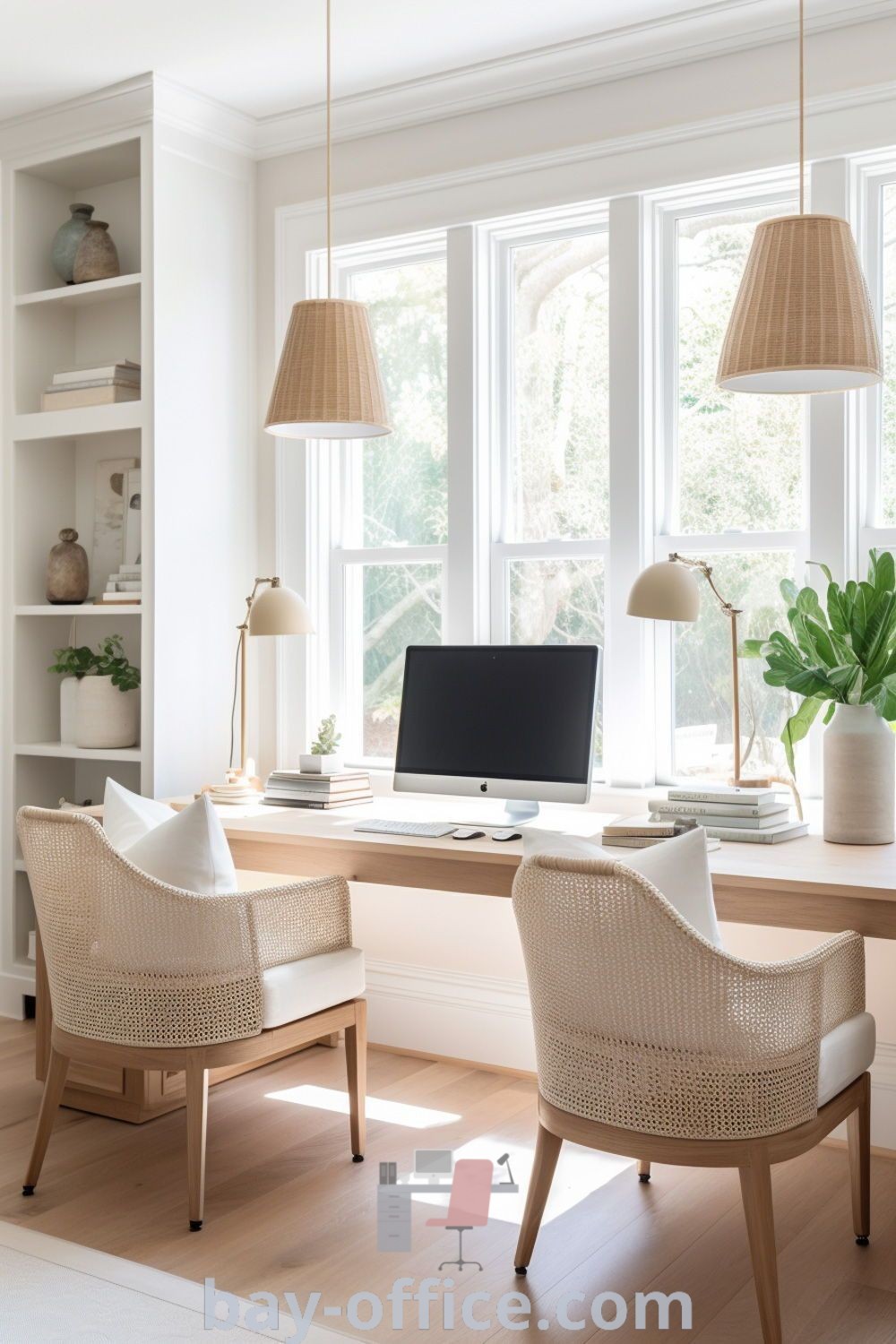 Guest bedroom office combo with two chairs and a desk in front of a window, showcasing functional and cozy decor ideas for small spaces. Perfect for guest room office setups that inspire productivity and comfort. Explore more design tips at bay-office.com.
