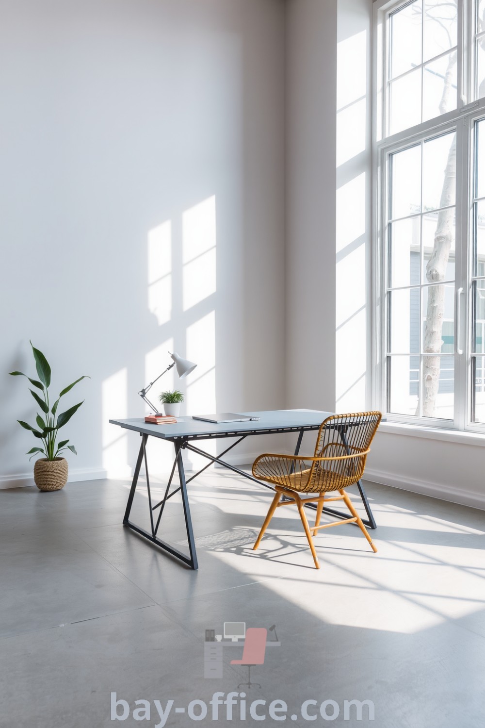 Minimalist corporate office featuring soft gray walls, black metal desk and chair, and sparse decor, designed to foster productivity in a sleek environment. Explore more decor ideas for small spaces at bay-office.com.
