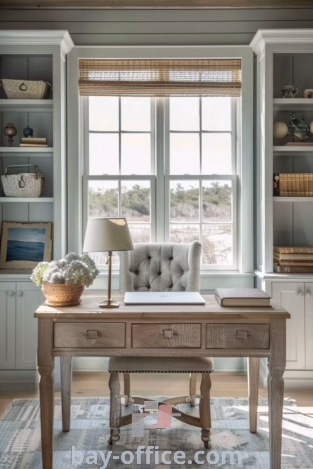 Cozy French cottage office with a desk, chair, and lamp in front of large windows, showcasing decor ideas for small spaces. Perfect for crafting a unique workspace, inspiring productivity with design trends and decorating ideas. Discover cozy and creative solutions at bay-office.com.