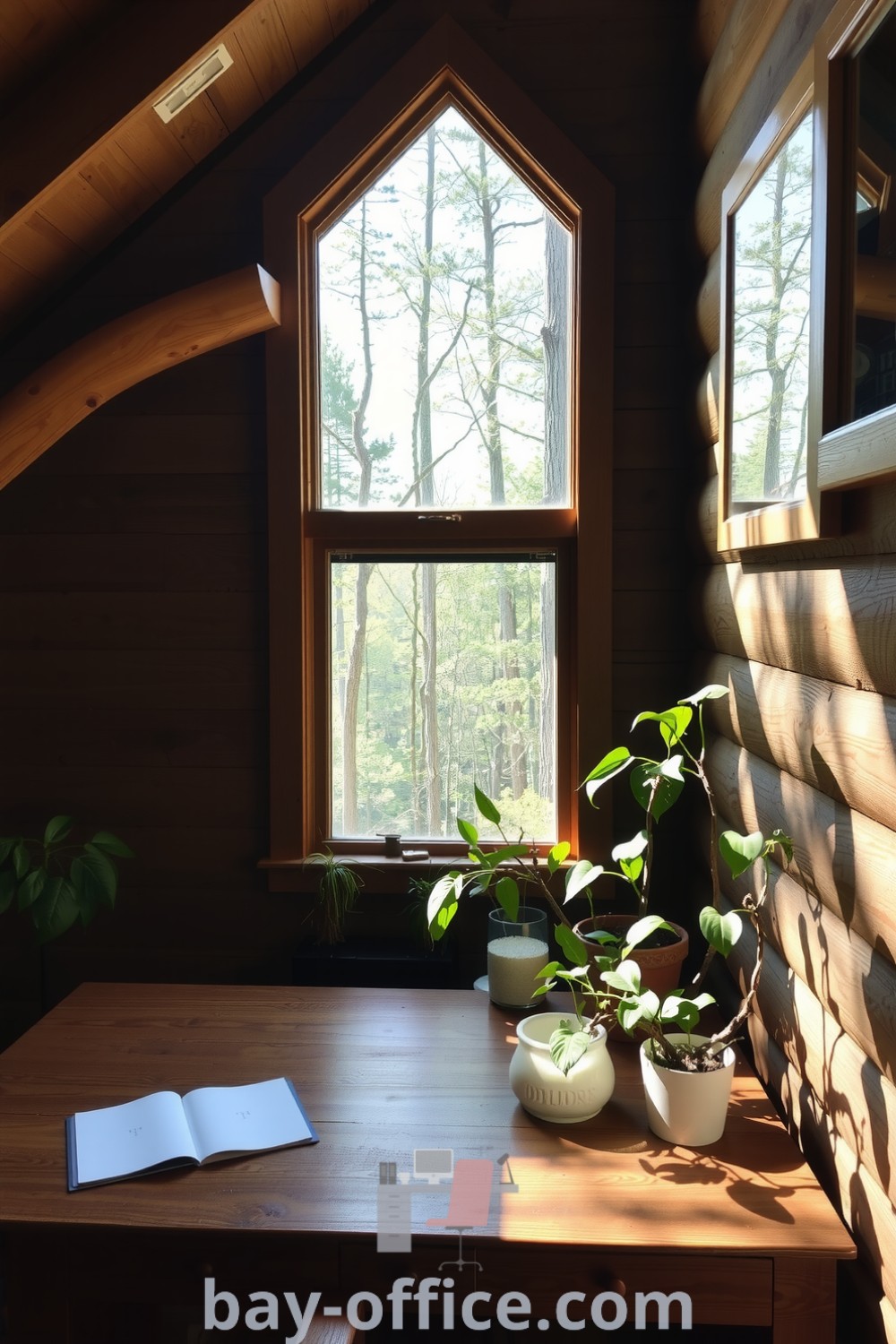 Nature-inspired home office in a cozy cabin with wooden beams, large windows, and potted plants, designed for creativity and focus. Discover more design tips and ideas that will inspire productivity at bay-office.com.