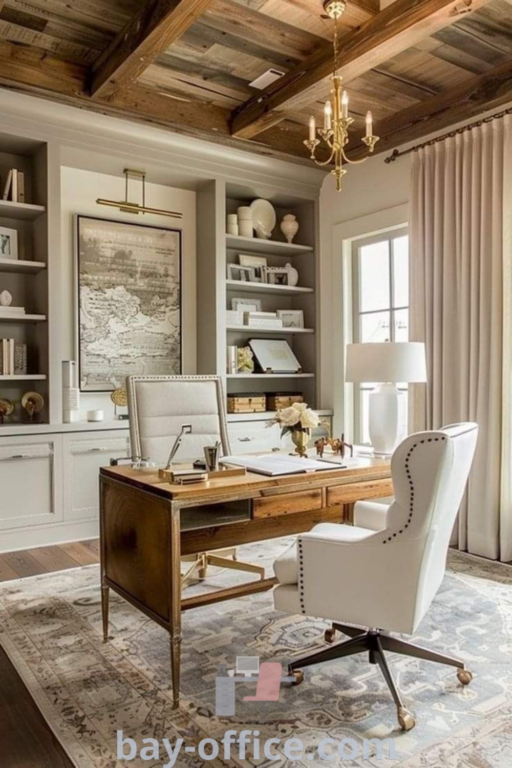 Elegant home office featuring white chairs and wooden desks in a French style design, offering cozy aesthetic and inspiring productivity. Discover essential decor ideas for small spaces at bay-office.com.