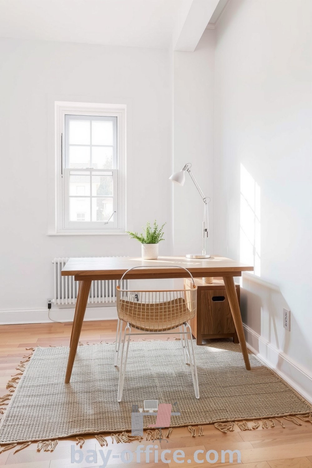 Minimalist home office featuring white walls, a wooden desk, a metal chair, a small potted plant, and a woven rug, providing a serene environment for productivity. Discover decor ideas and inspiration for small spaces at bay-office.com.