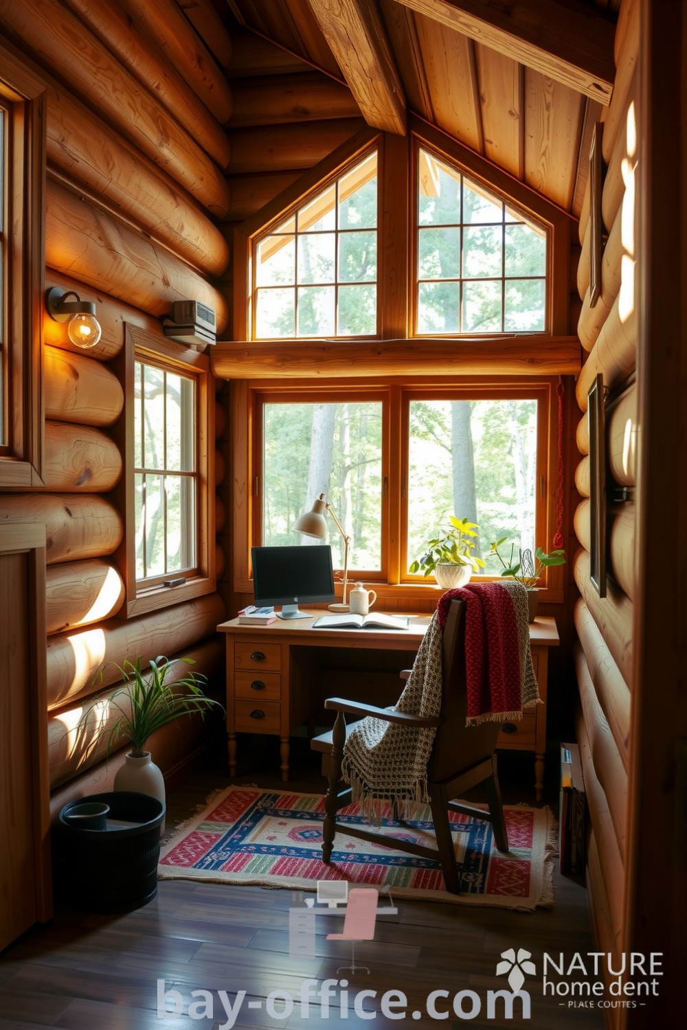 Rustic home office in a wooden cabin featuring an oak desk by a large window, filled with natural light and surrounded by greenery, creating an inspiring and cozy workspace. Find more ideas at bay-office.com.