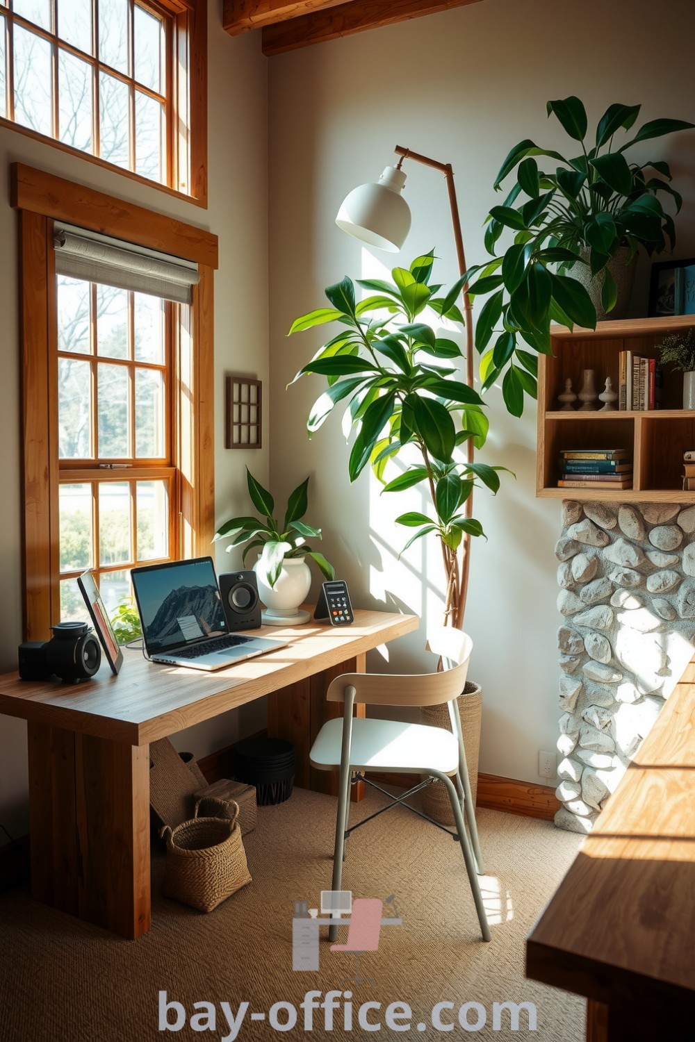 Tranquil nature-inspired home office featuring rustic wooden accents, natural stone walls, and flourishing houseplants, designed to enhance productivity and creativity in a cozy space. Discover more ideas at bay-office.com.