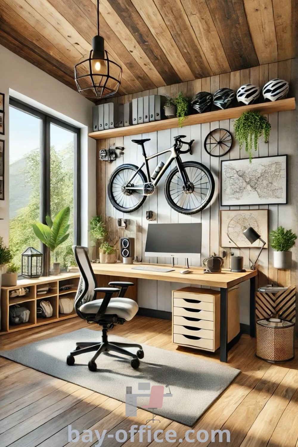 Wall-mounted bicycle decor in a small office space, showcasing creative ideas for home office and bedroom designs. Discover inspiring decor ideas for small spaces at bay-office.com.