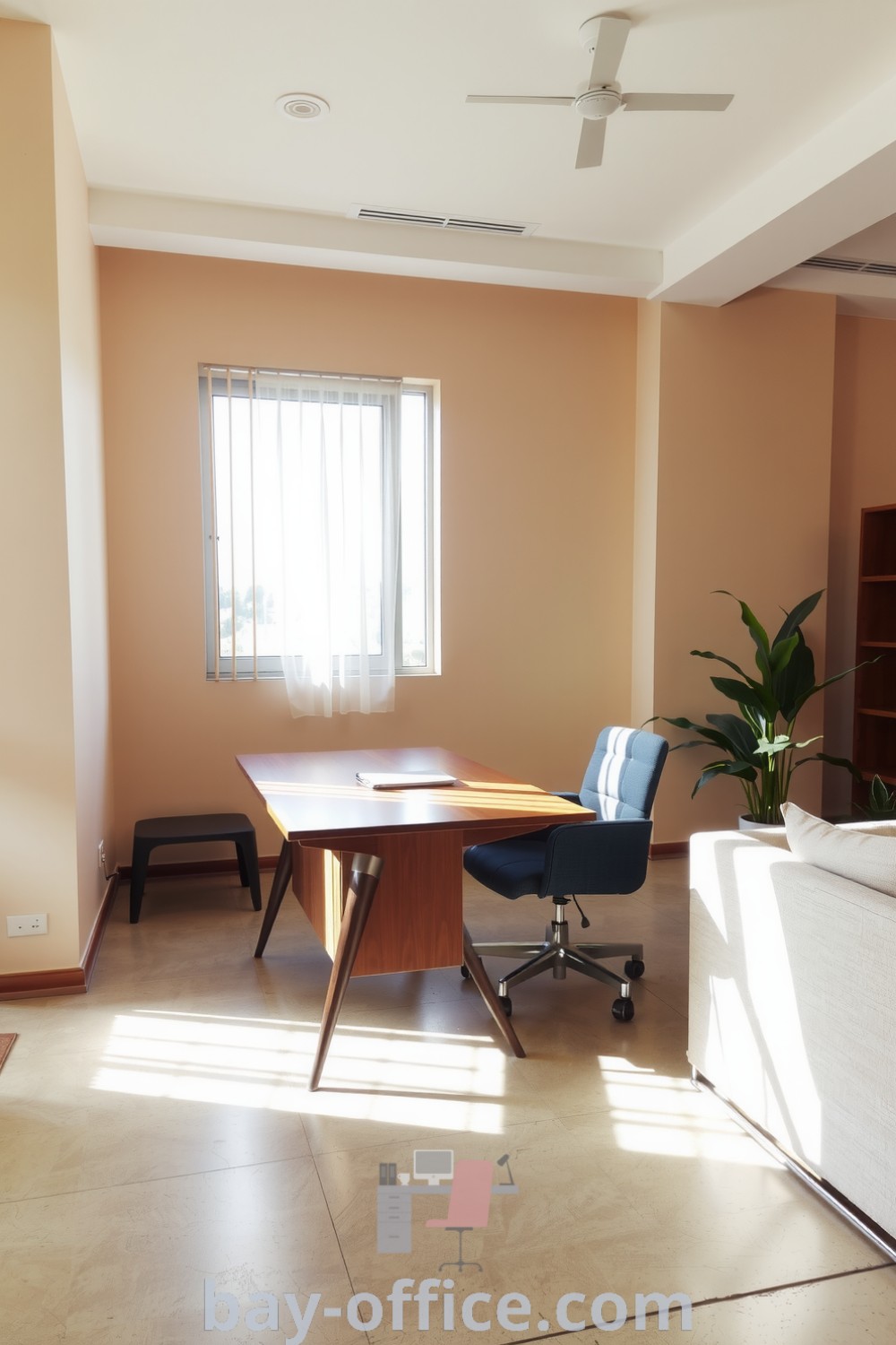 Minimalist corporate office featuring beige walls, a wooden desk by a floor-to-ceiling window, natural light, and potted plants, designed to promote productivity and a serene atmosphere. Explore design trends and decor ideas at bay-office.com.