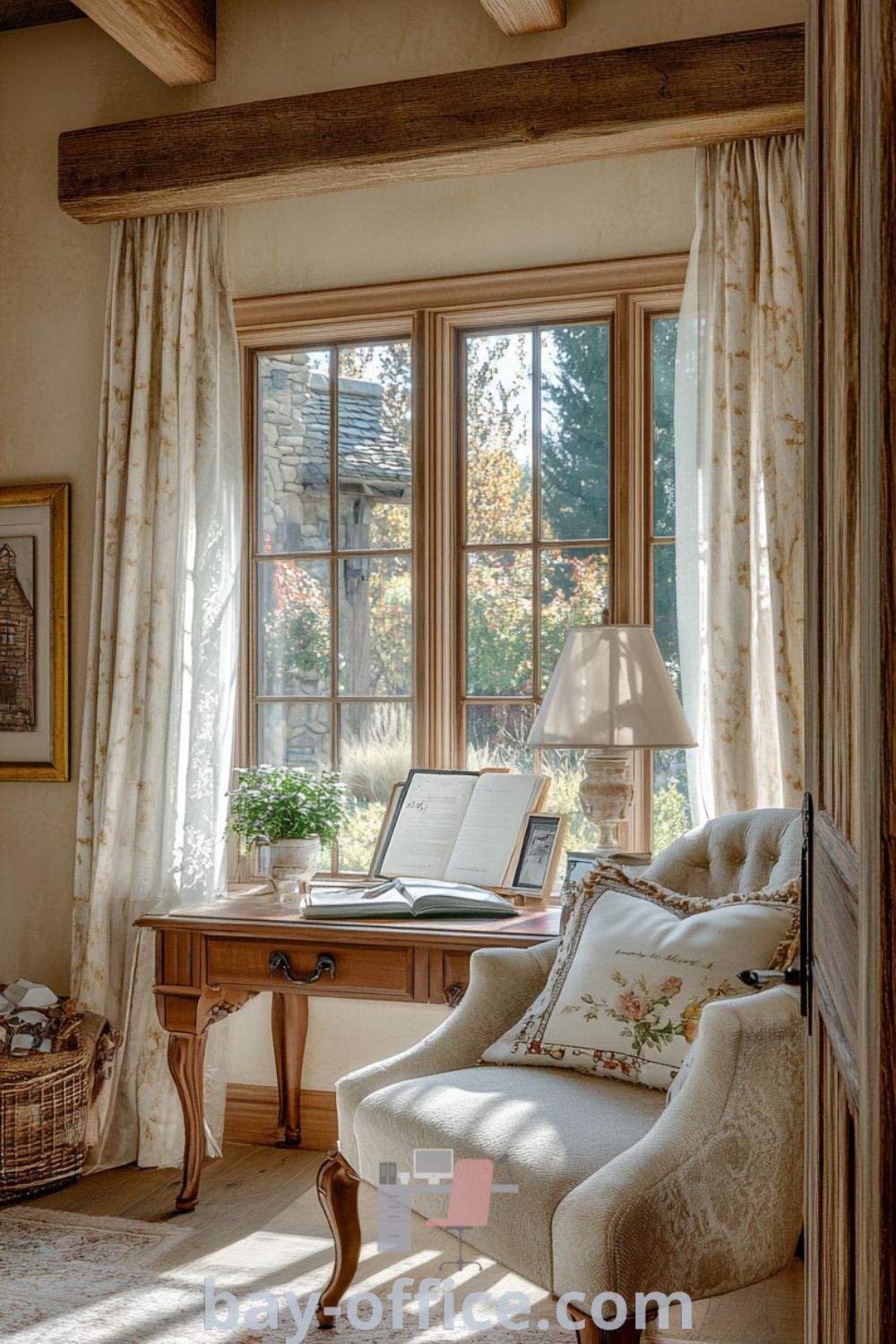 Elegant French country home office with rustic beams, cream walls, an oak desk, and a plush armchair, perfect for inspiring productivity and comfort. Discover cozy decor ideas at bay-office.com.