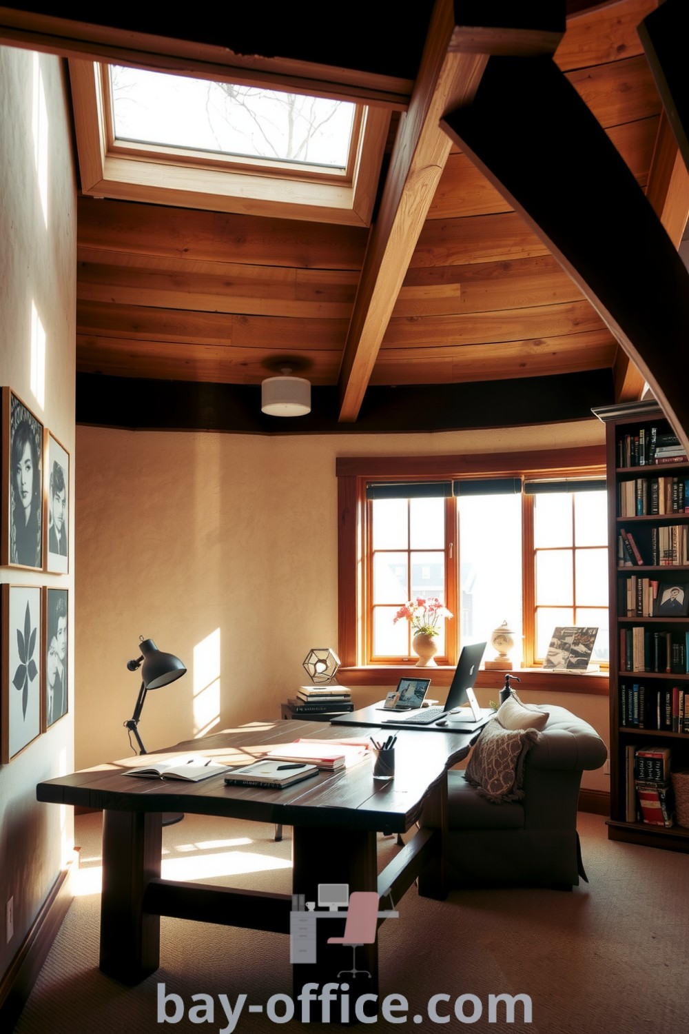 Loft home office featuring rich wooden beams, large windows, and a rustic aesthetic, perfect for fostering creativity and productivity. Ideal cozy design tips for small spaces can be found at bay-office.com.