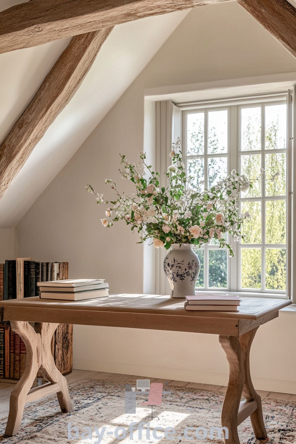 Elegant French country home office featuring soft cream walls, exposed wooden beams, and an inviting oak desk. Decorated with vintage books and flowers, creating a cozy aesthetic that inspires productivity. Discover decor ideas for small spaces at bay-office.com.