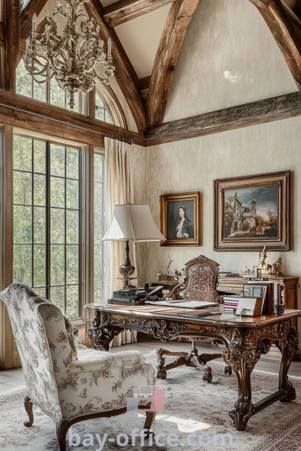 French country home office featuring weathered wooden beams, a carved desk, and floral upholstery, creating a cozy aesthetic that inspires productivity and comfort. Explore more cozy decor ideas at bay-office.com.