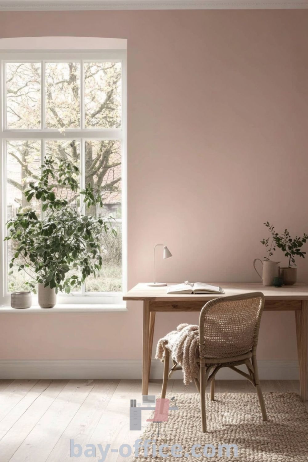 Scandinavian home office with soft pink walls, natural wood elements, a minimalist desk by a large window, and cozy decor; designed to inspire productivity and warmth. Perfect for small spaces or home retreats. Find more ideas at bay-office.com.