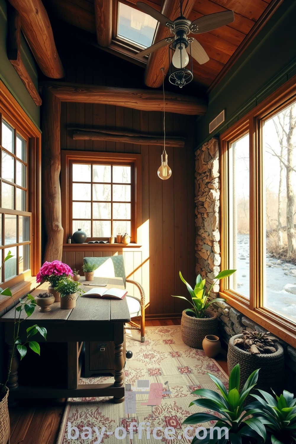 Nature home office with rustic wooden beams, stone accent wall, large windows, weathered desk, and vibrant potted plants, creating a warm and inviting workspace that blends comfort with the tranquility of nature. Discover inspiring decorating ideas at bay-office.com.