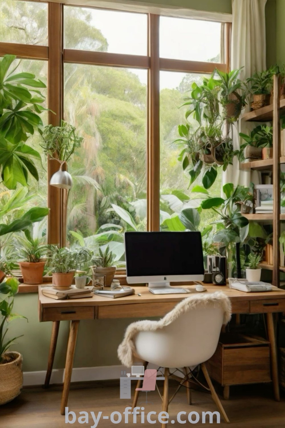 A desk with a computer surrounded by vibrant plants in front of a large window, creating a cozy and inspiring home office jungle. Ideal for enhancing productivity and offering decor ideas for small spaces. Explore more on bay-office.com.