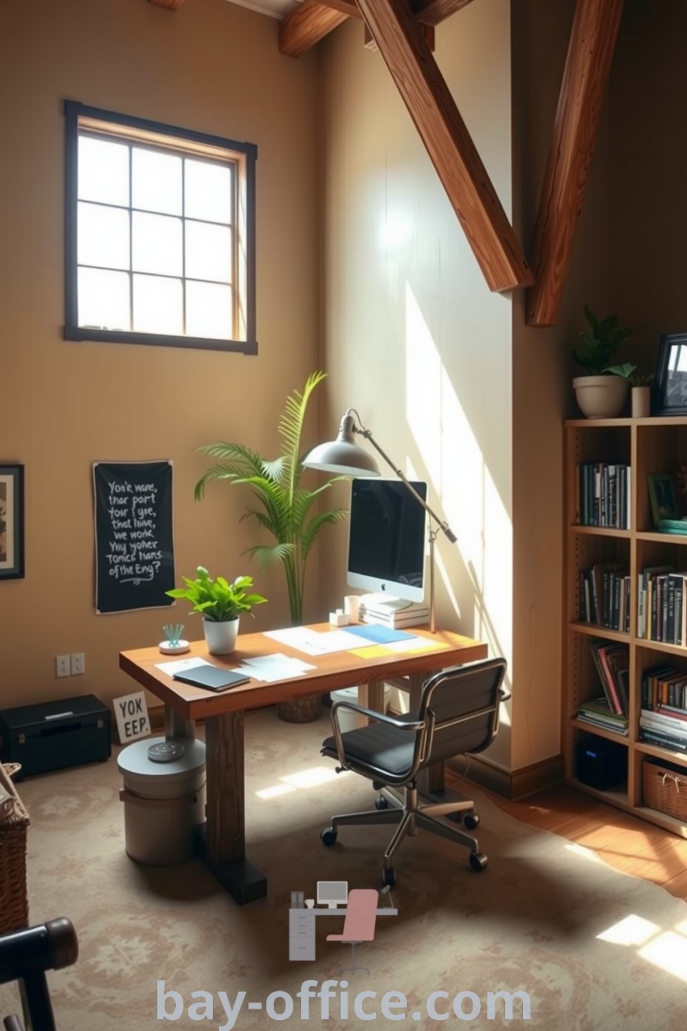 Cozy loft home office featuring warm beige walls, rustic wooden beams, reclaimed wood desk, and natural light, perfect for inspiring productivity and creativity. Ideal for small spaces, it showcases decor ideas to make working from home a delightful experience. Discover more at bay-office.com.