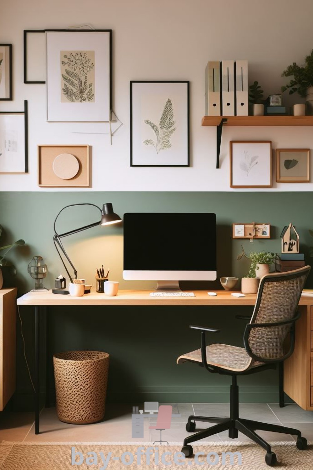 Cozy Scandinavian cabin interior home office with green walls, inspiring decor ideas for small spaces, and personal touches. Perfect for enhancing creativity and productivity while working from home. Explore more tips at bay-office.com.