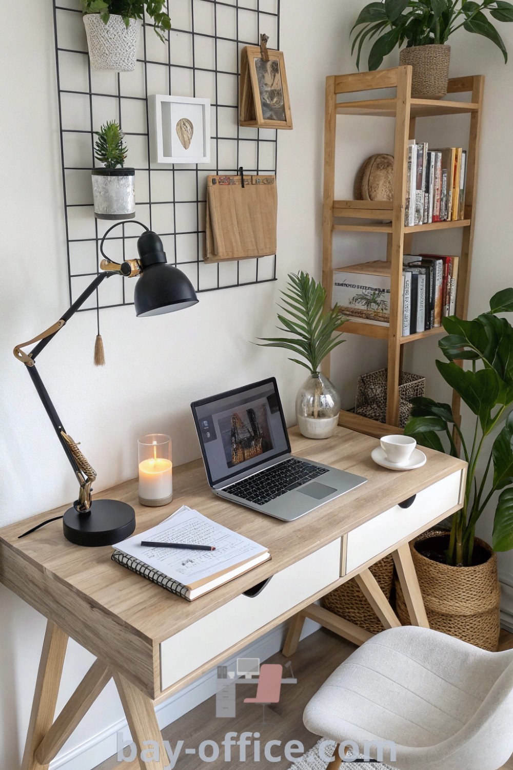 Minimal desk setup with a laptop, lamp, and potted plant showcasing minimalistic design for a cozy aesthetic. Ideal for home office spaces looking to enhance productivity and inspiration. Explore more minimal office decor ideas at bay-office.com.