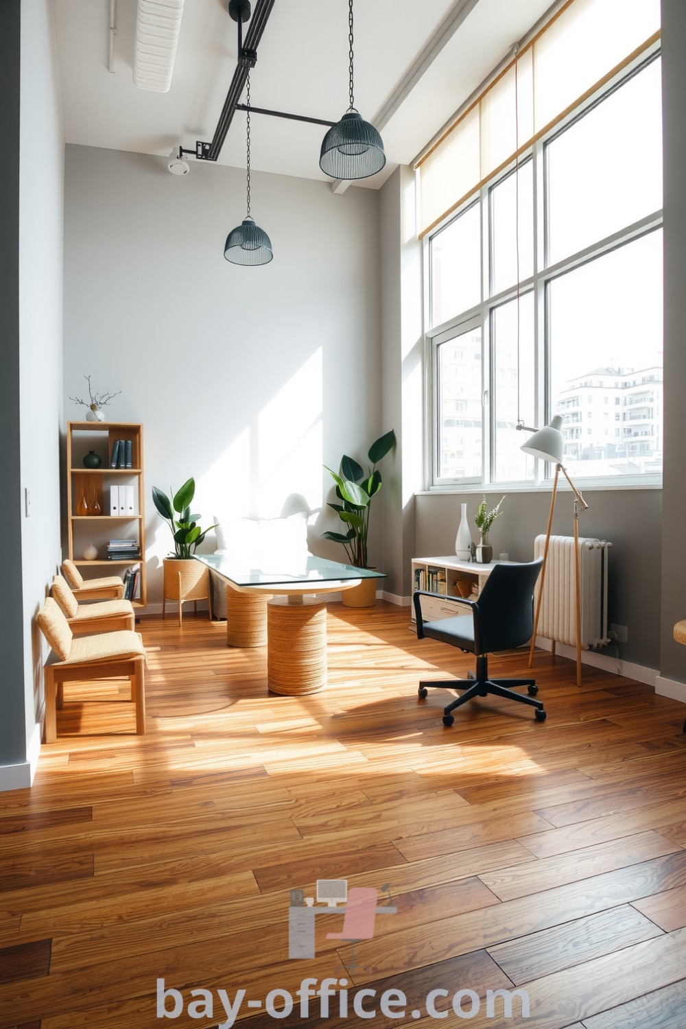 Minimalist corporate office with warm wooden flooring, light gray walls, glass desk, and natural light from large windows, featuring soft furnishings and potted plants. Discover cozy design ideas that inspire productivity at bay-office.com.