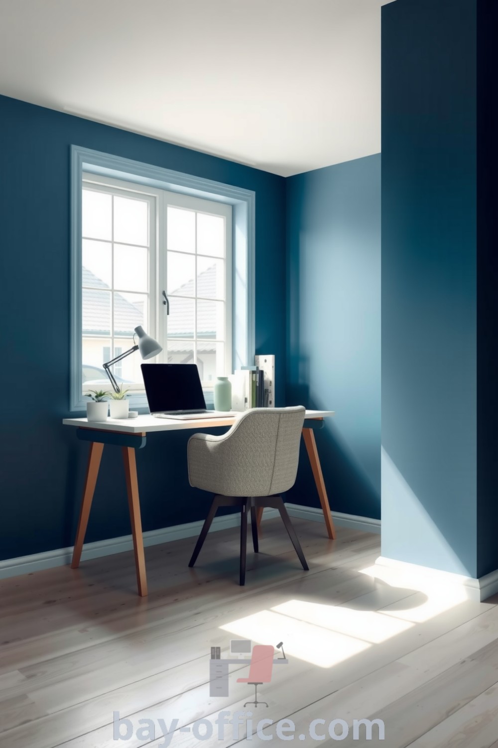 Cozy home office featuring a blue minimalist design, light wood flooring, and natural light, designed to inspire productivity and creativity. Incorporates essential items and greenery for a calming atmosphere. Discover more ideas at bay-office.com.