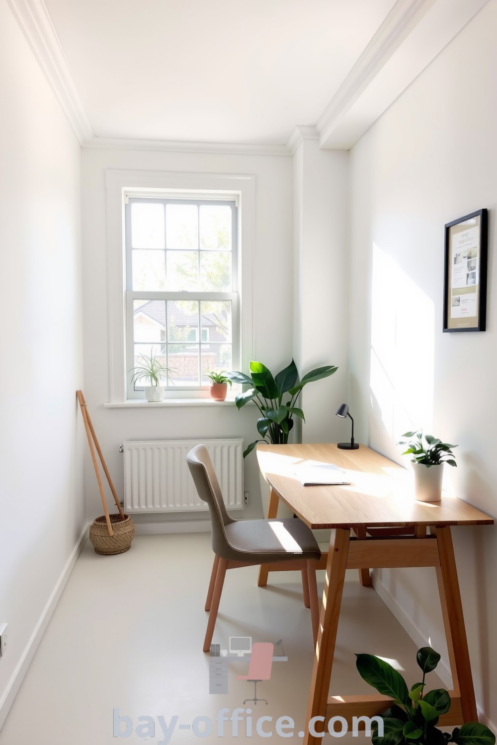 Minimalist home office featuring white walls, a wooden desk, comfortable chair, and potted plants that create a serene and inviting atmosphere ideal for productivity. Explore more design tips and cozy aesthetic ideas at bay-office.com.