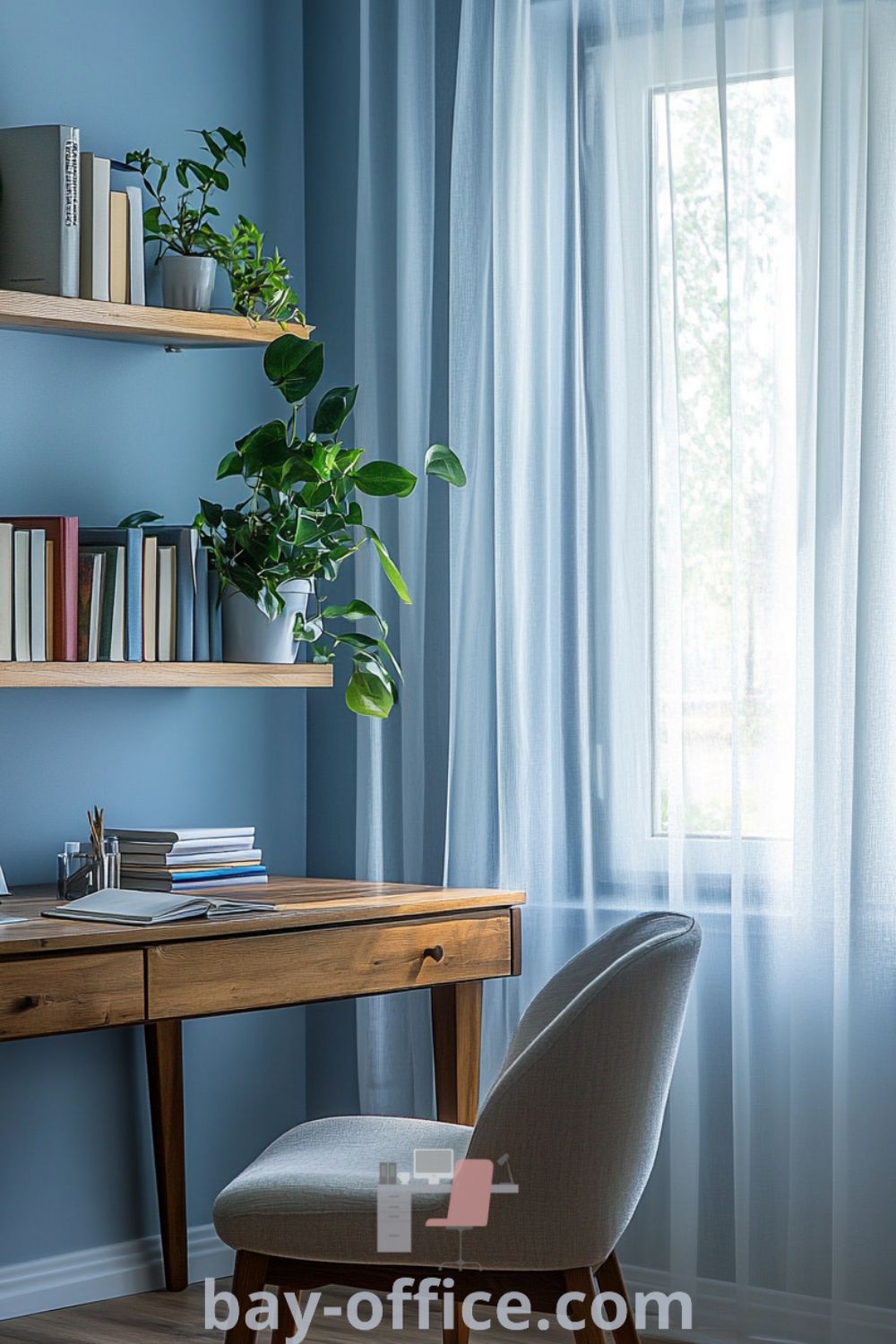 Scandinavian home office with soft blue walls, wooden desk, cozy armchair, and plants, creating a serene and inviting atmosphere for productivity. Discover inspiring decor ideas for small spaces at bay-office.com.