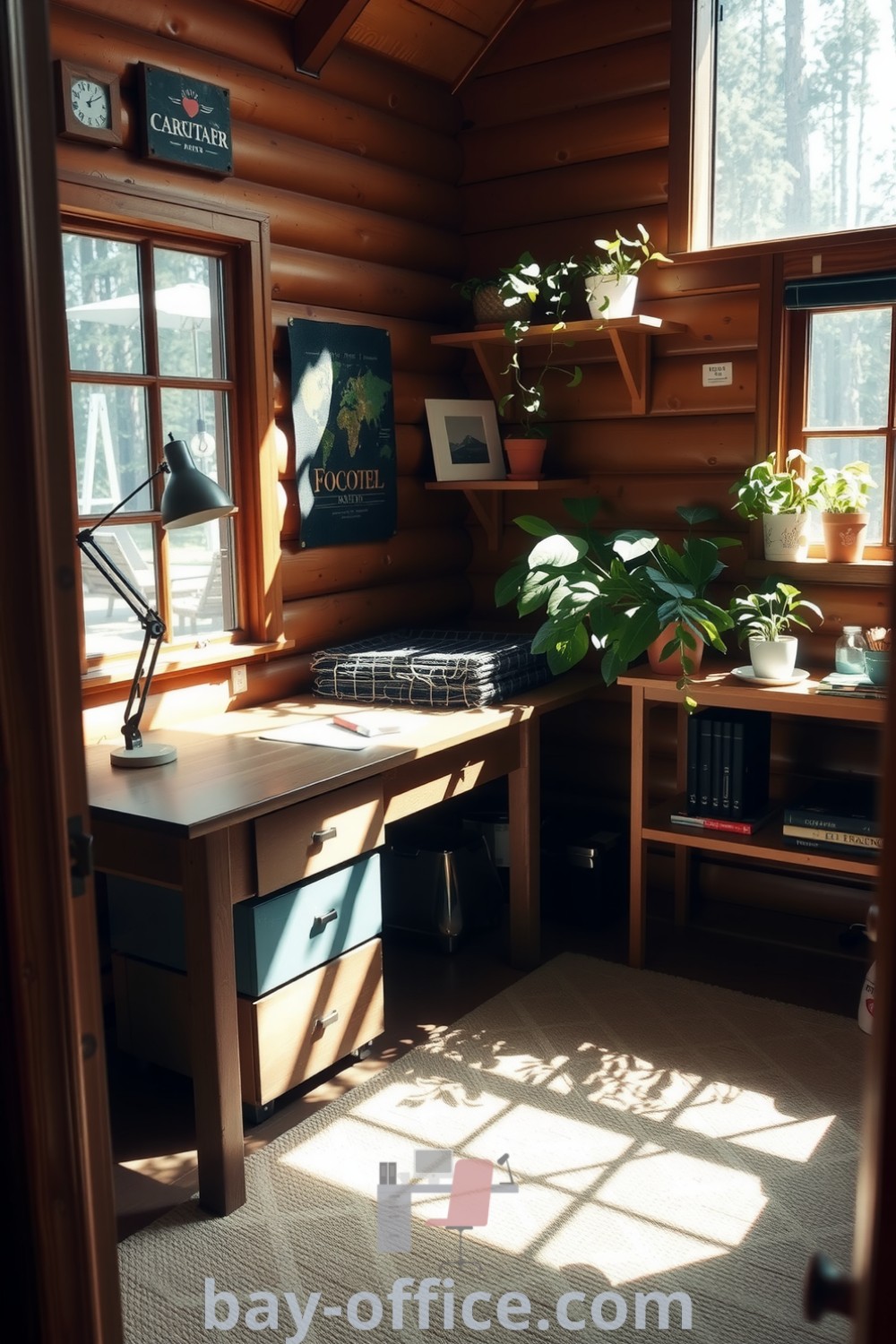 Home office nestled in a cozy cabin with wooden walls, a warm palette, and a sturdy desk bathed in natural light, surrounded by potted plants. Discover ideas that inspire productivity and creativity at bay-office.com.