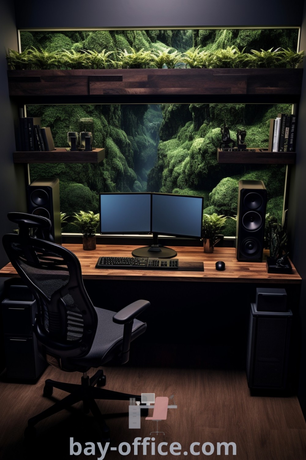 Nature office setup with computer desk, two monitors, and speakers. Ideal for a cozy aesthetic and productivity, showcasing small moody office decor and minimalist home office design ideas you