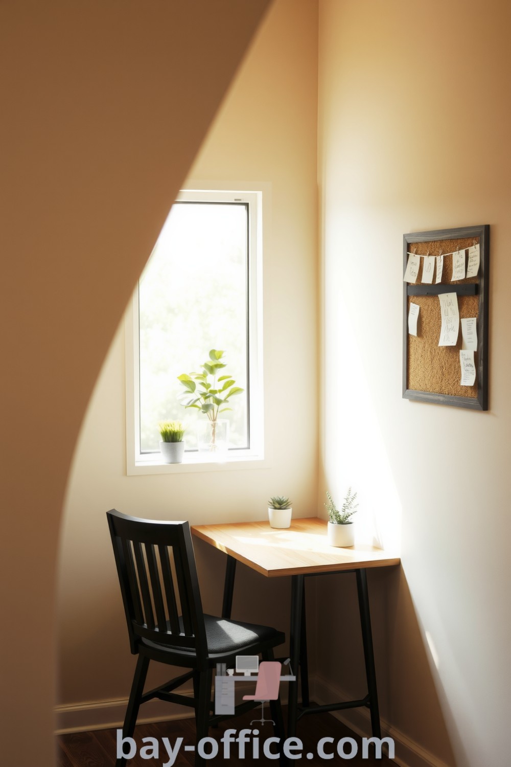 Minimalist home office with beige walls, wooden desk, comfy chair, and plants, designed for creativity and productivity. Perfect for inspiring focus while working from home. Discover more ideas at bay-office.com.