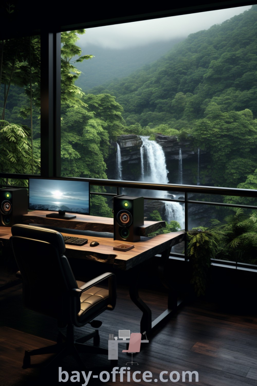 Nature-inspired home office featuring a desk and chair with a beautiful waterfall view, showcasing rustic and minimalist design ideas. Perfect for creating a productive workspace with cozy aesthetics. Explore more decor ideas for home offices at bay-office.com.